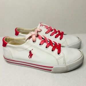 Kids Polo Ralph Lauren White Red Pink Horse‎ Logo Lace Up Sneakers Shoes Size 13